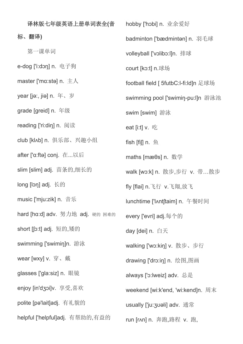 译林版七年级英语上册单词表全.doc_第1页