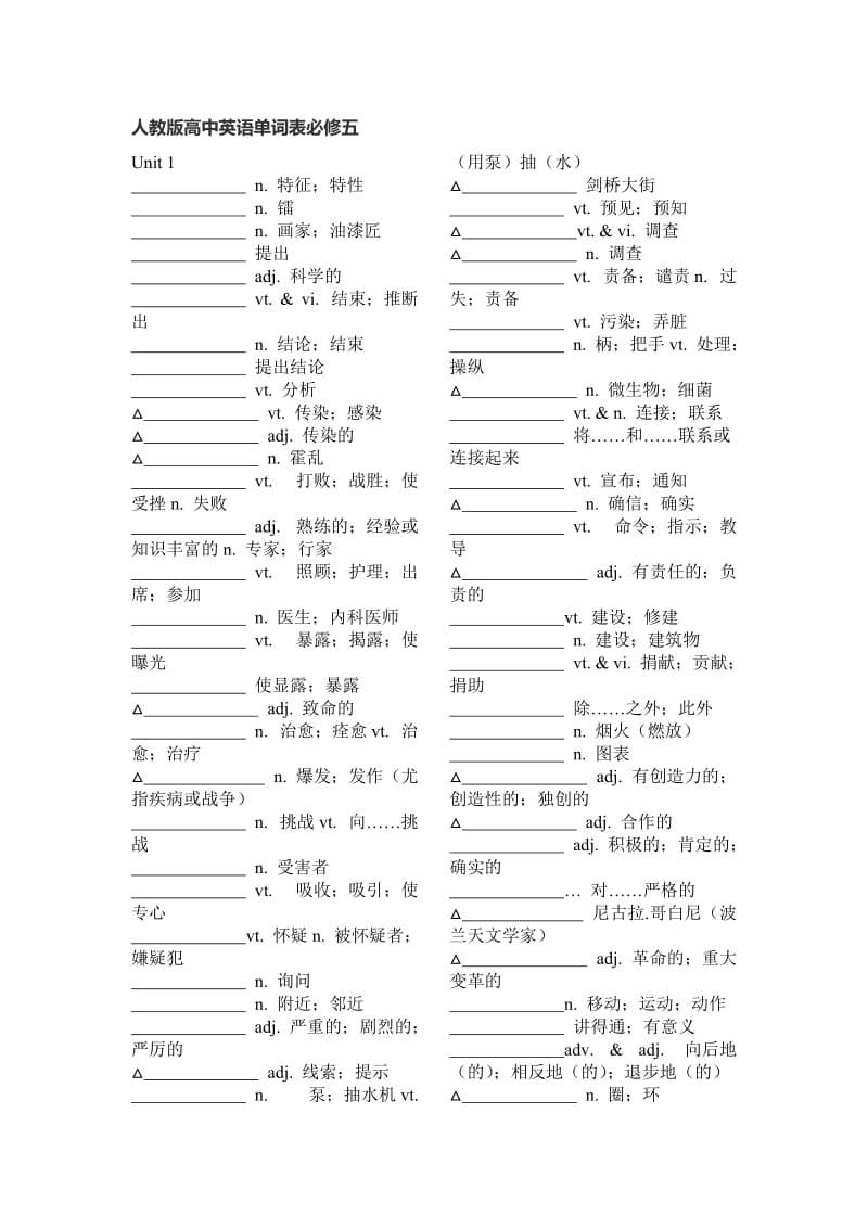 人教版高中英语单词表必修五默写版.doc_第1页