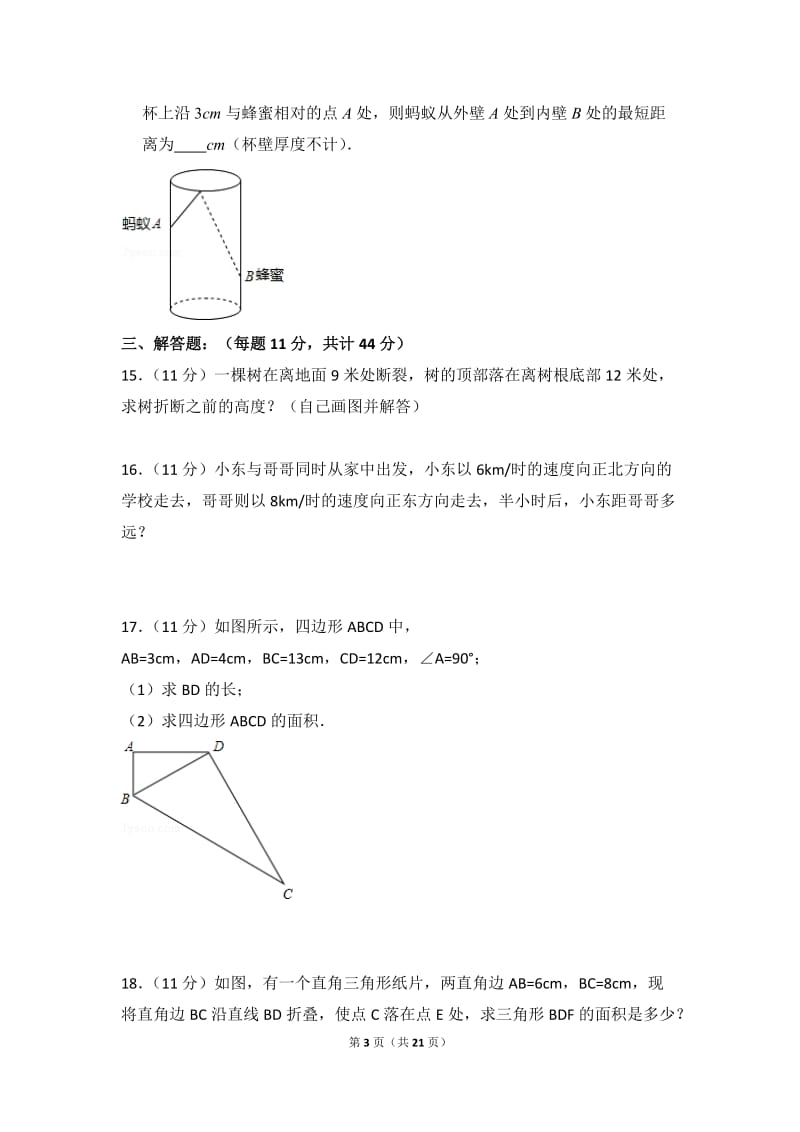 北师大数学北师大版八上第1章 测试卷（3）教案_第3页