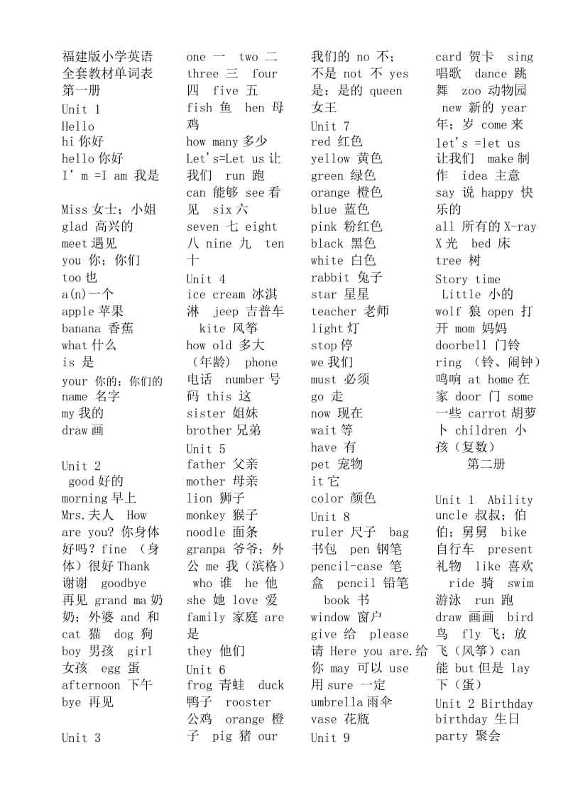 福建版小学英语全套教材单词表.doc_第1页