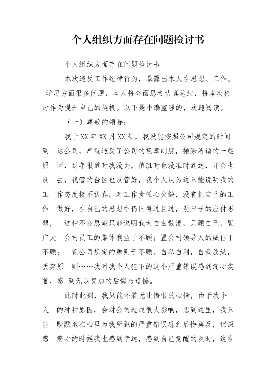 個人組織方面存在問題檢討書_第1頁