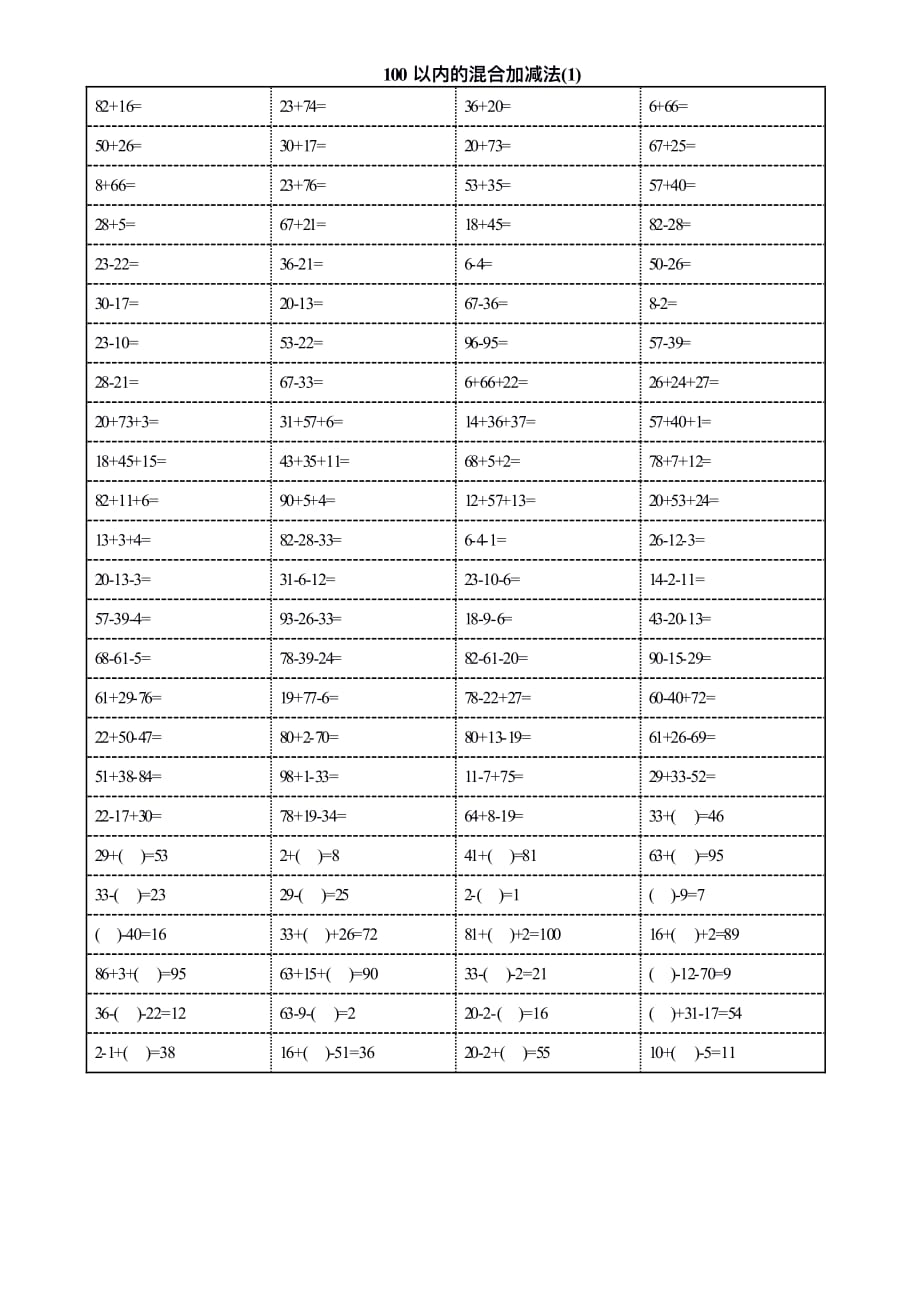 一年級數學100以內加減混合運算口算題.pdf_第1頁