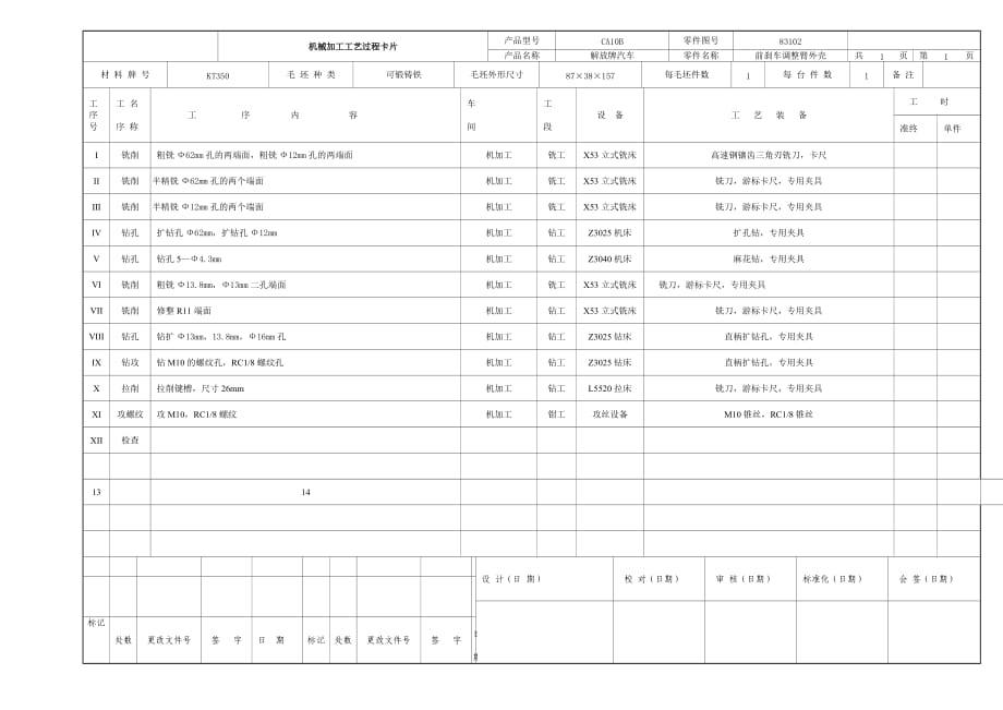 解放牌汽车前刹车调整臂外壳工艺过程卡.doc_第1页