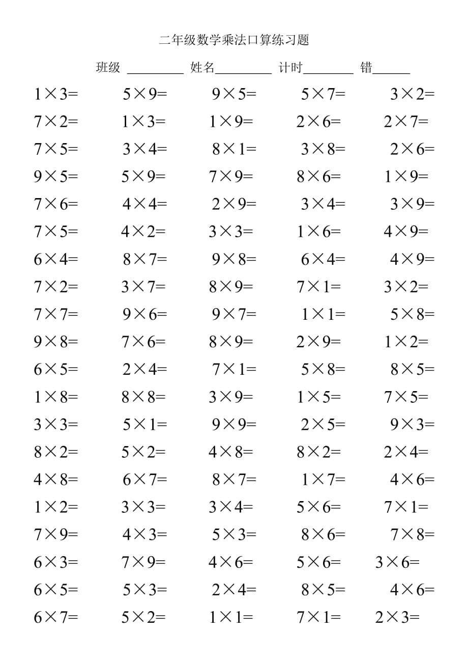 二年級(jí)數(shù)學(xué)乘法口算練習(xí)題100道.doc_第1頁(yè)