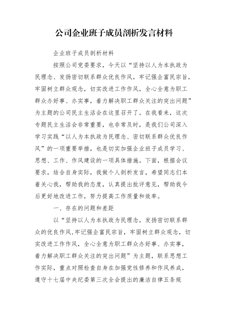 公司企业班子成员剖析发言材料_第1页