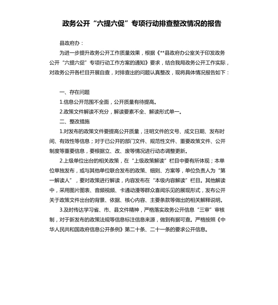 政務(wù)公開“六提六促”專項行動排查整改情況的報告.docx_第1頁