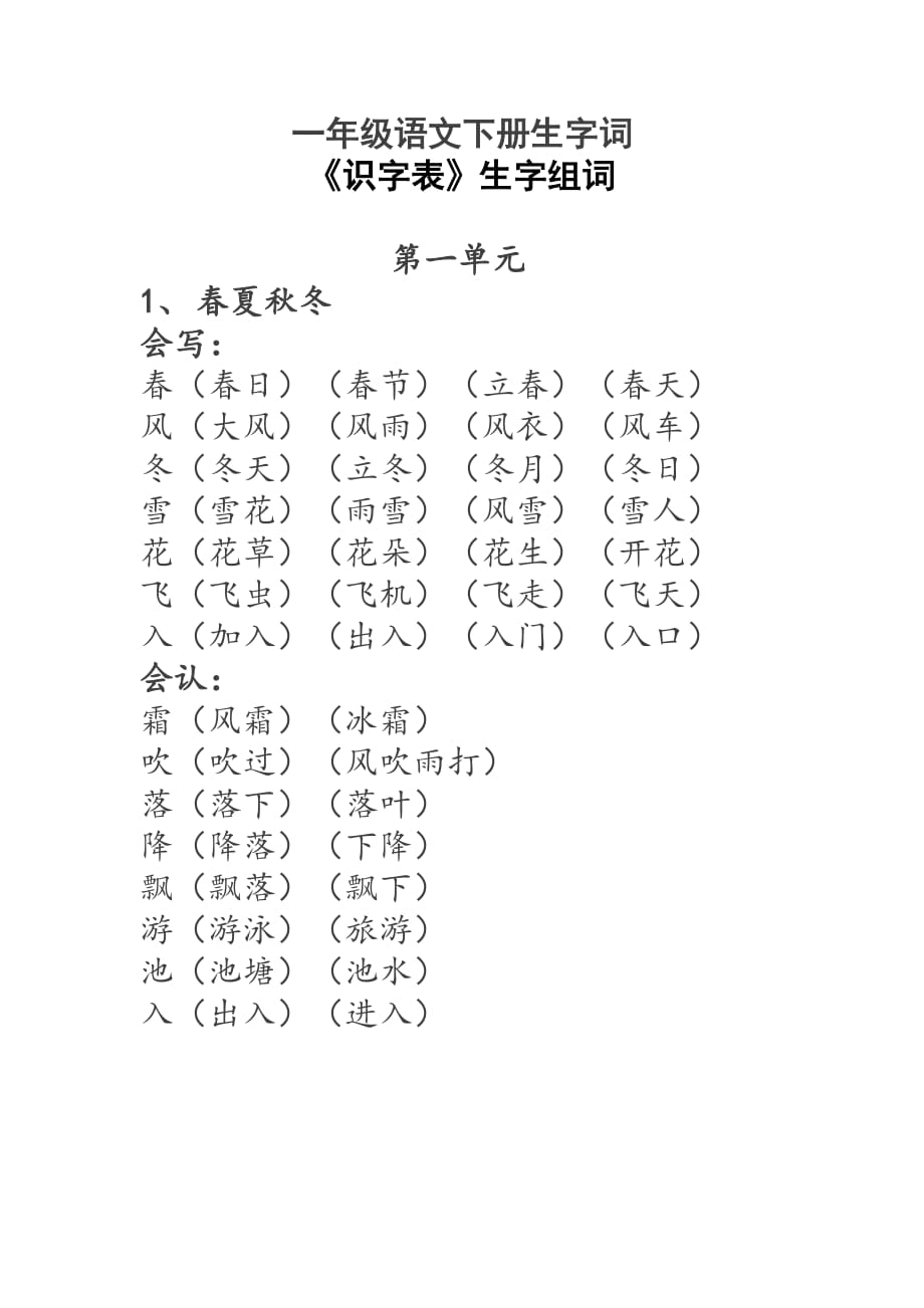 一年级语文下册生字词《识字表》生字组词_第1页