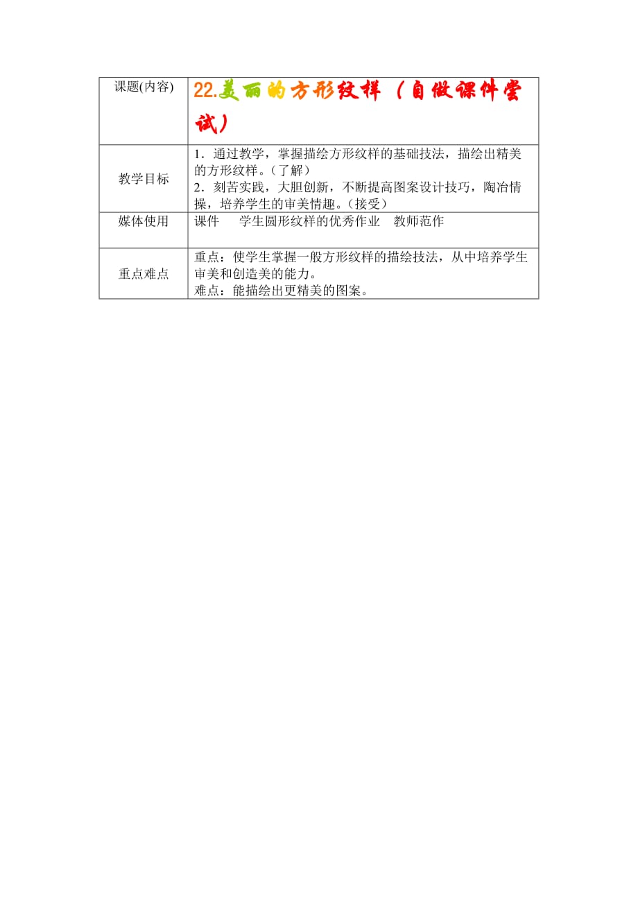 小學(xué)美術(shù)四年級上冊《美麗的方形紋樣》表格式教案_第1頁