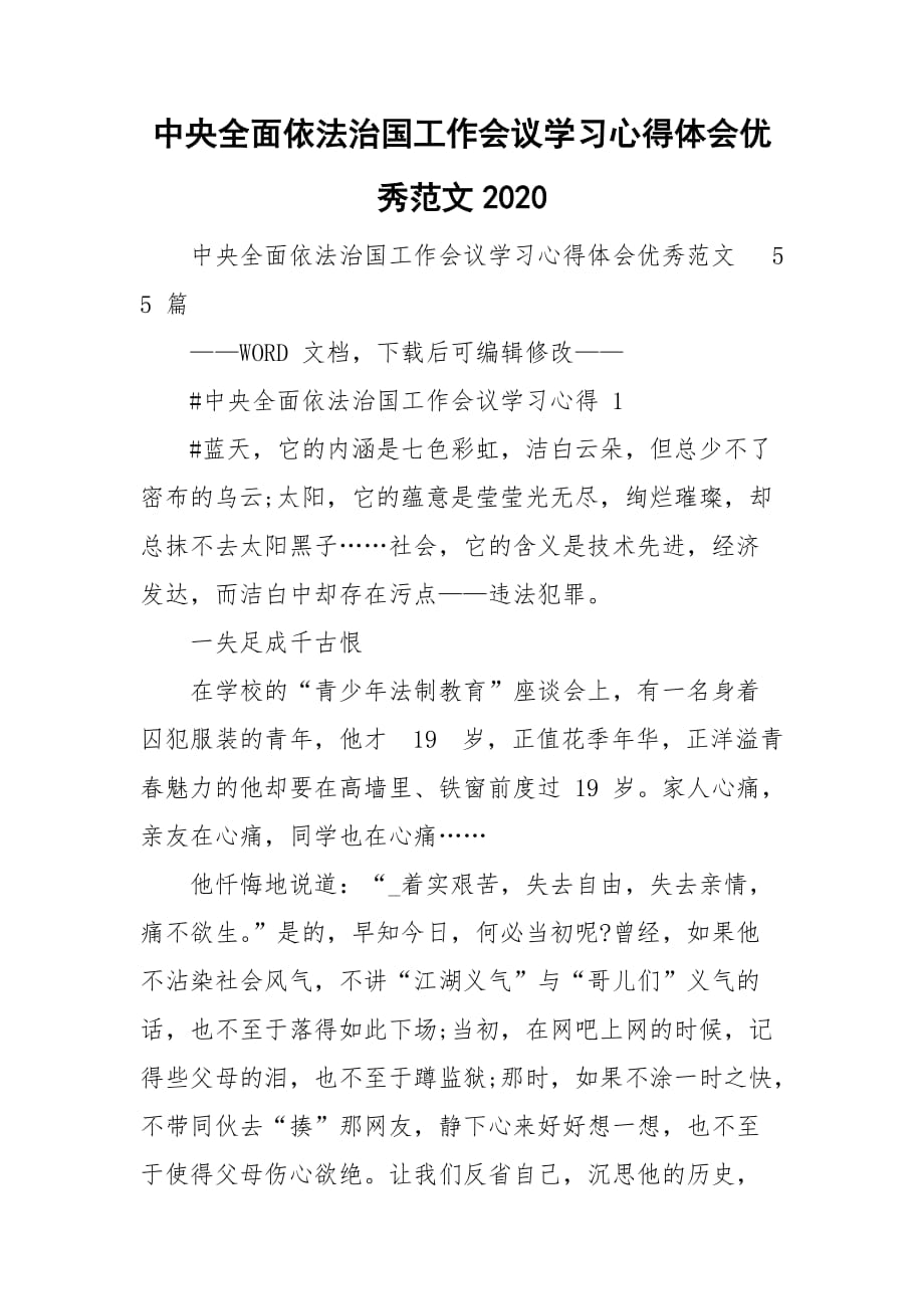 中央全面依法治国工作会议学习心得体会优秀范文2020_第1页