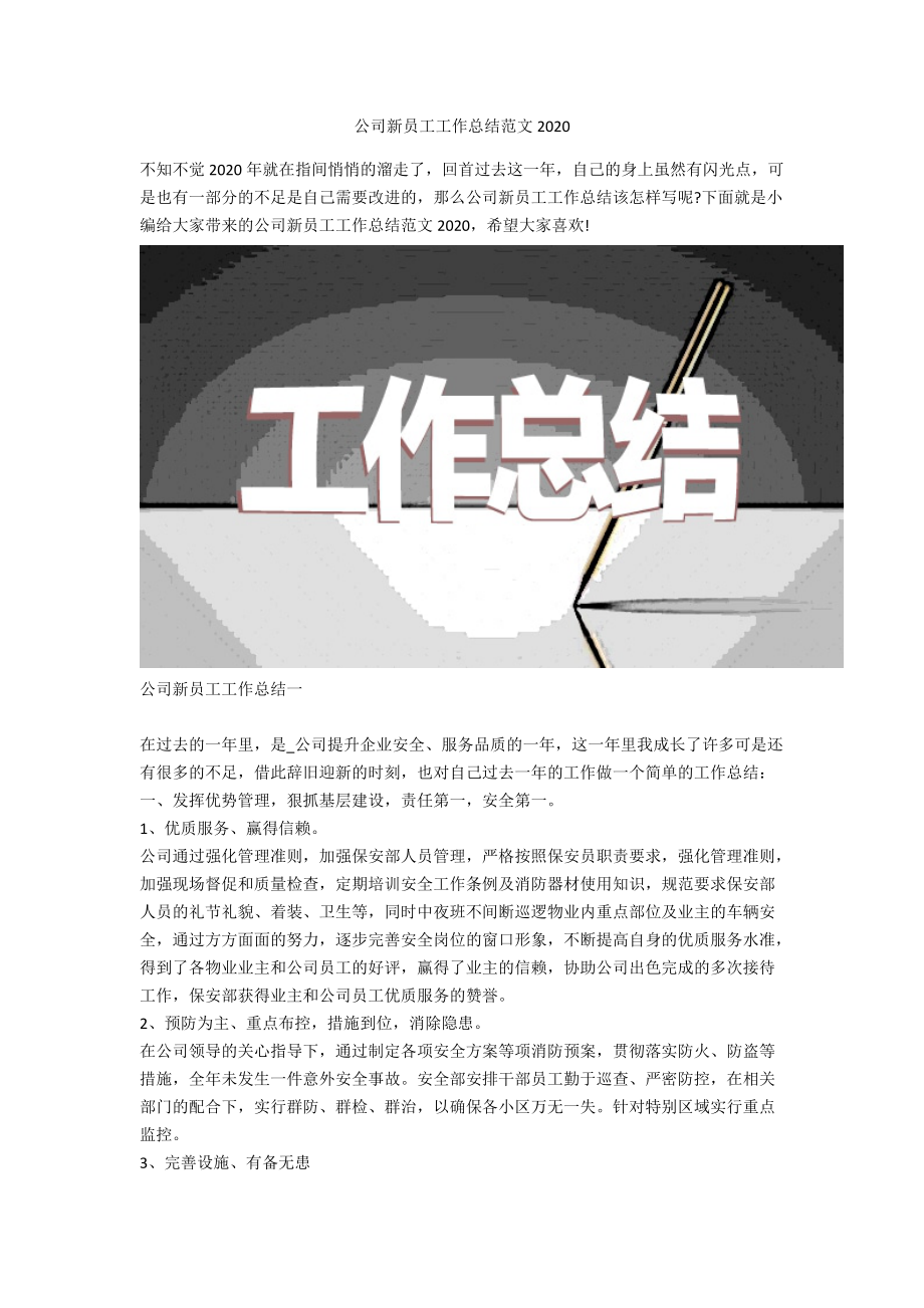 公司新员工工作总结范文2020_第1页