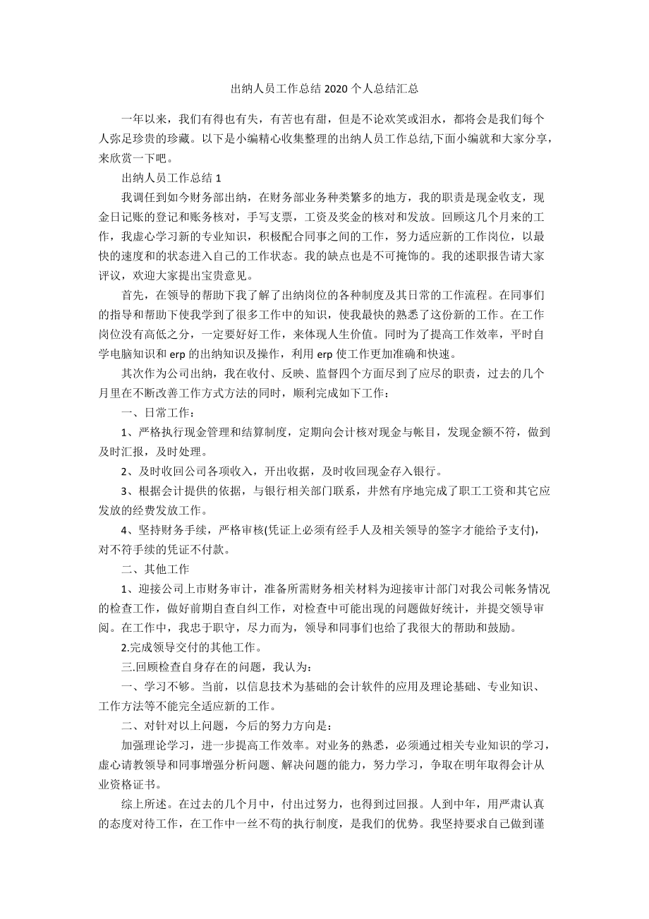 出纳人员工作总结2020个人总结汇总_第1页