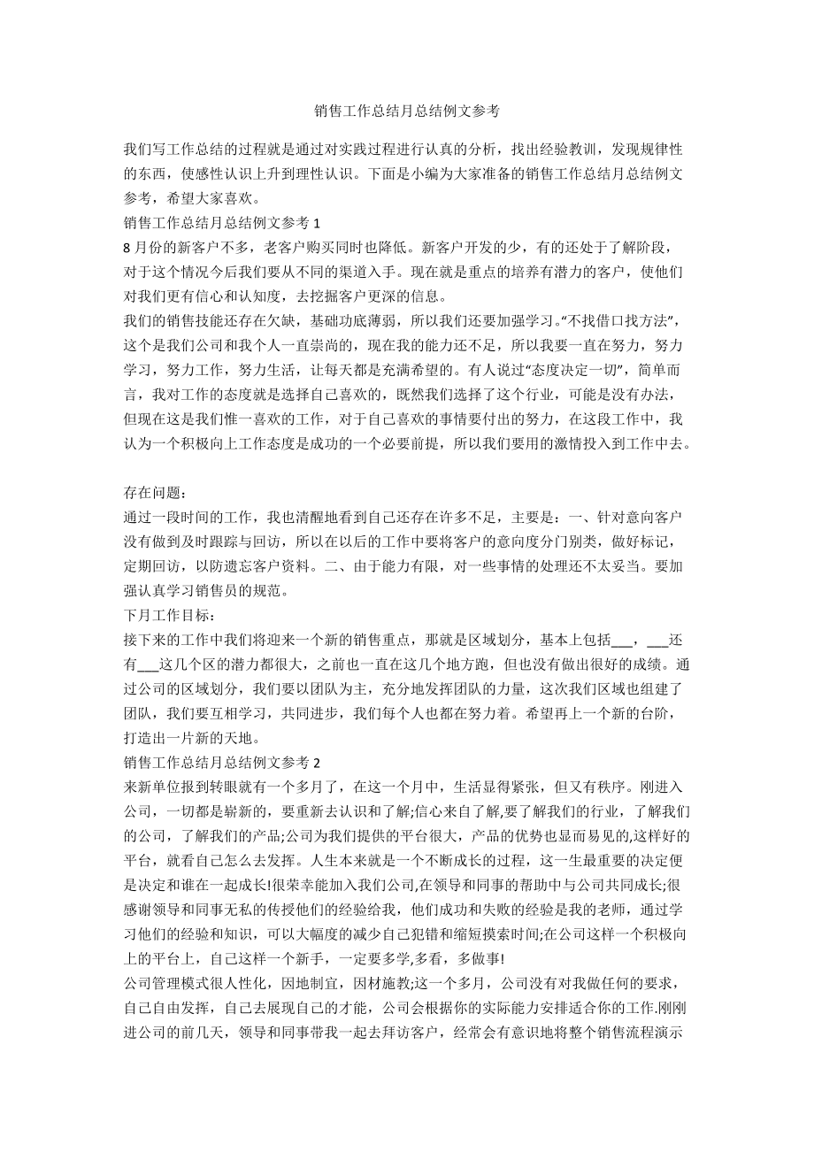 销售工作总结月总结例文参考_第1页