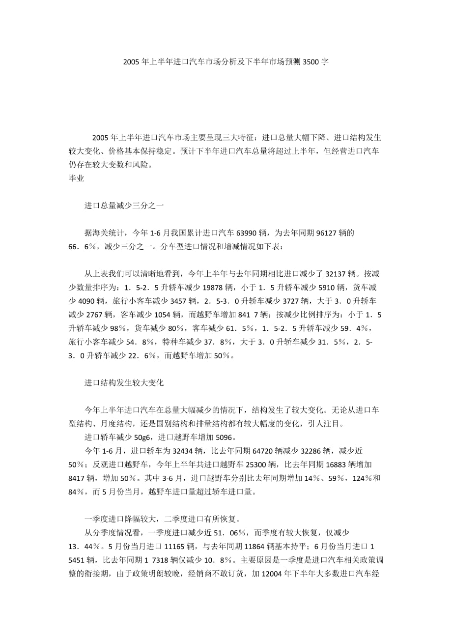 2005年上半年進口汽車市場分析及下半年市場預(yù)測3500字_第1頁