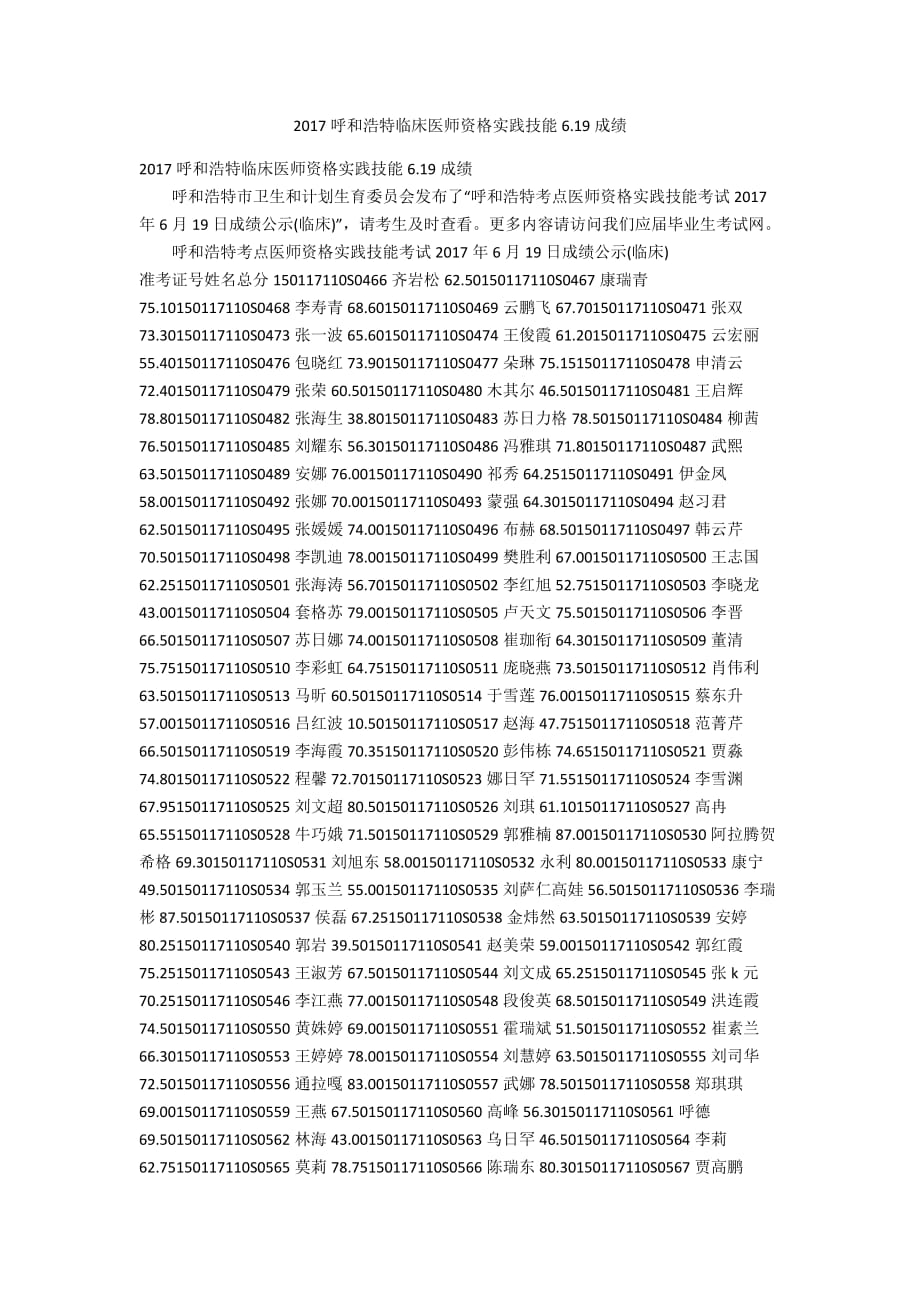 2017呼和浩特临床医师资格实践技能6.19成绩_第1页