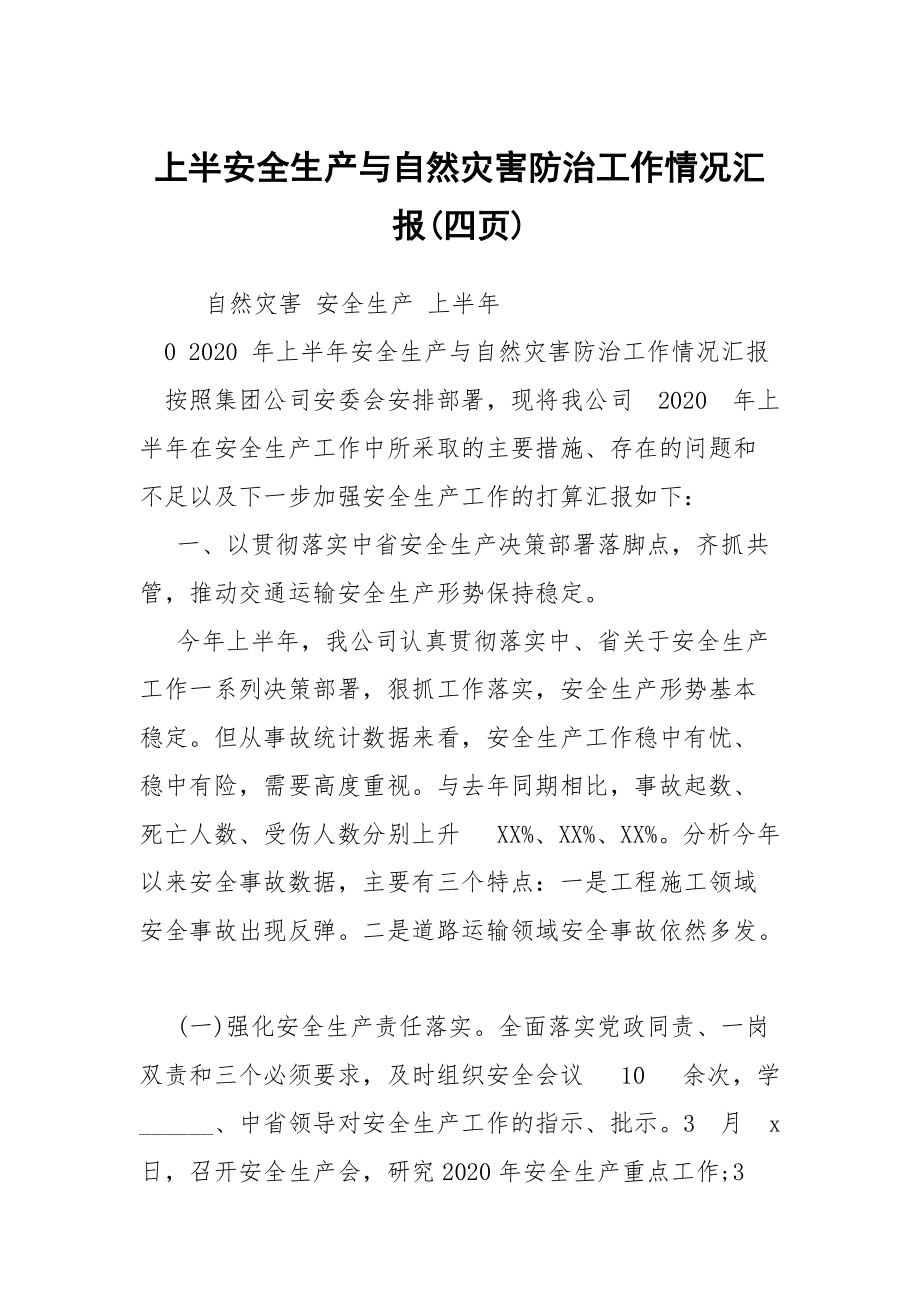 上半安全生产与自然灾害防治工作情况汇报(四页)_第1页