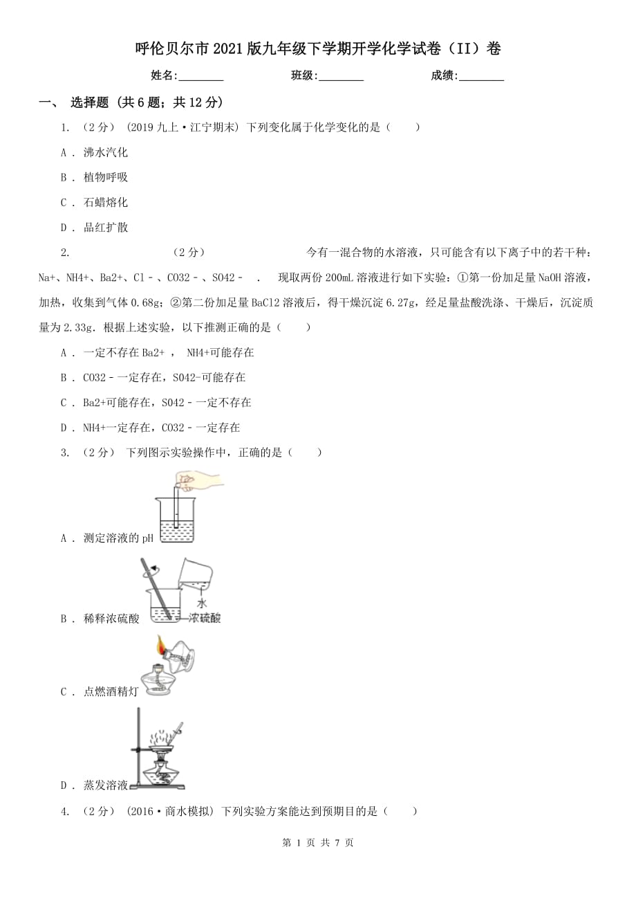 呼伦贝尔市2021版九年级下学期开学化学试卷（II）卷_第1页