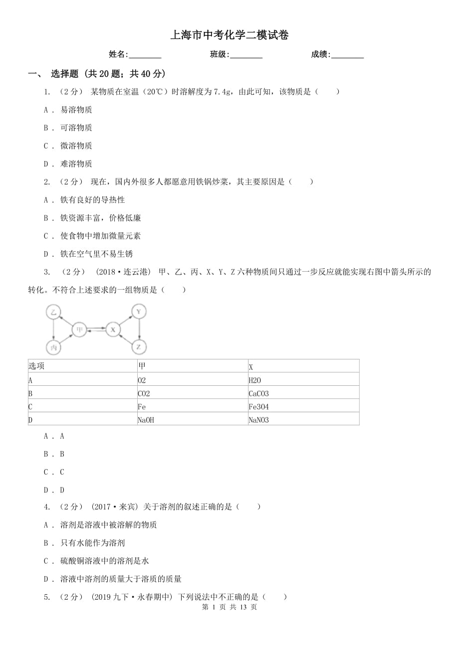 上海市中考化学二模试卷_第1页