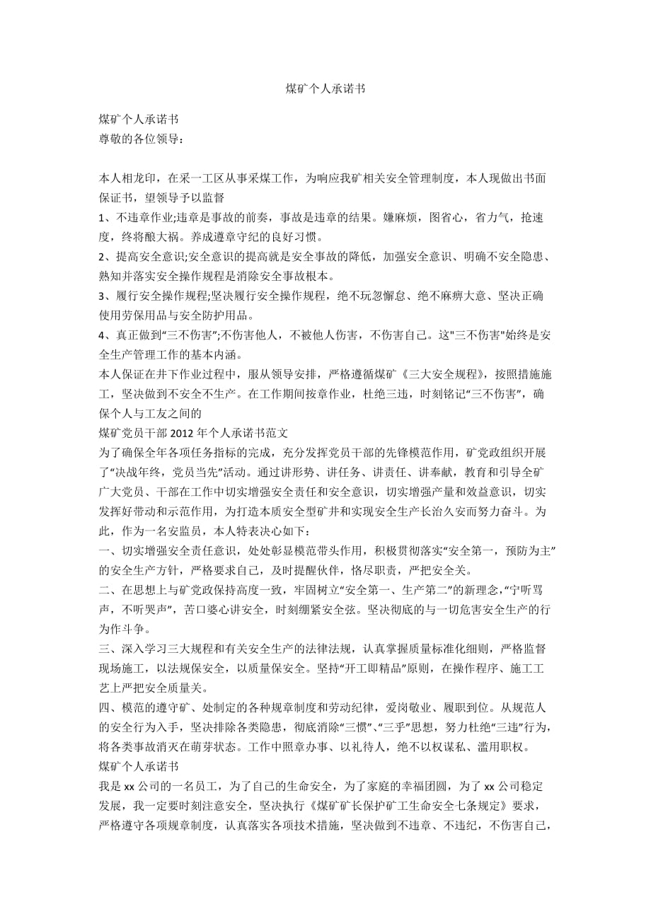 煤礦個(gè)人承諾書_第1頁(yè)