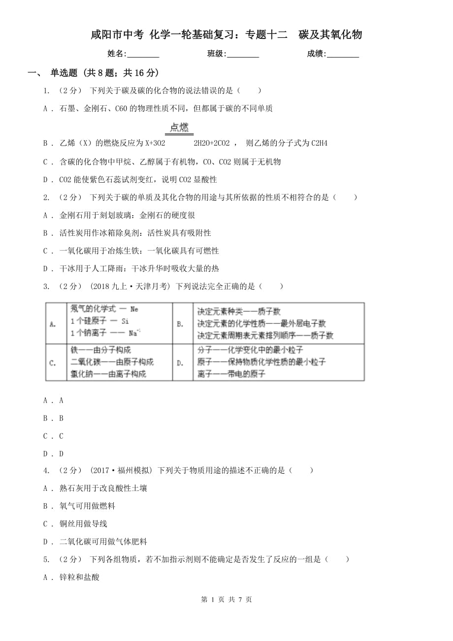 咸阳市中考 化学一轮基础复习：专题十二碳及其氧化物_第1页