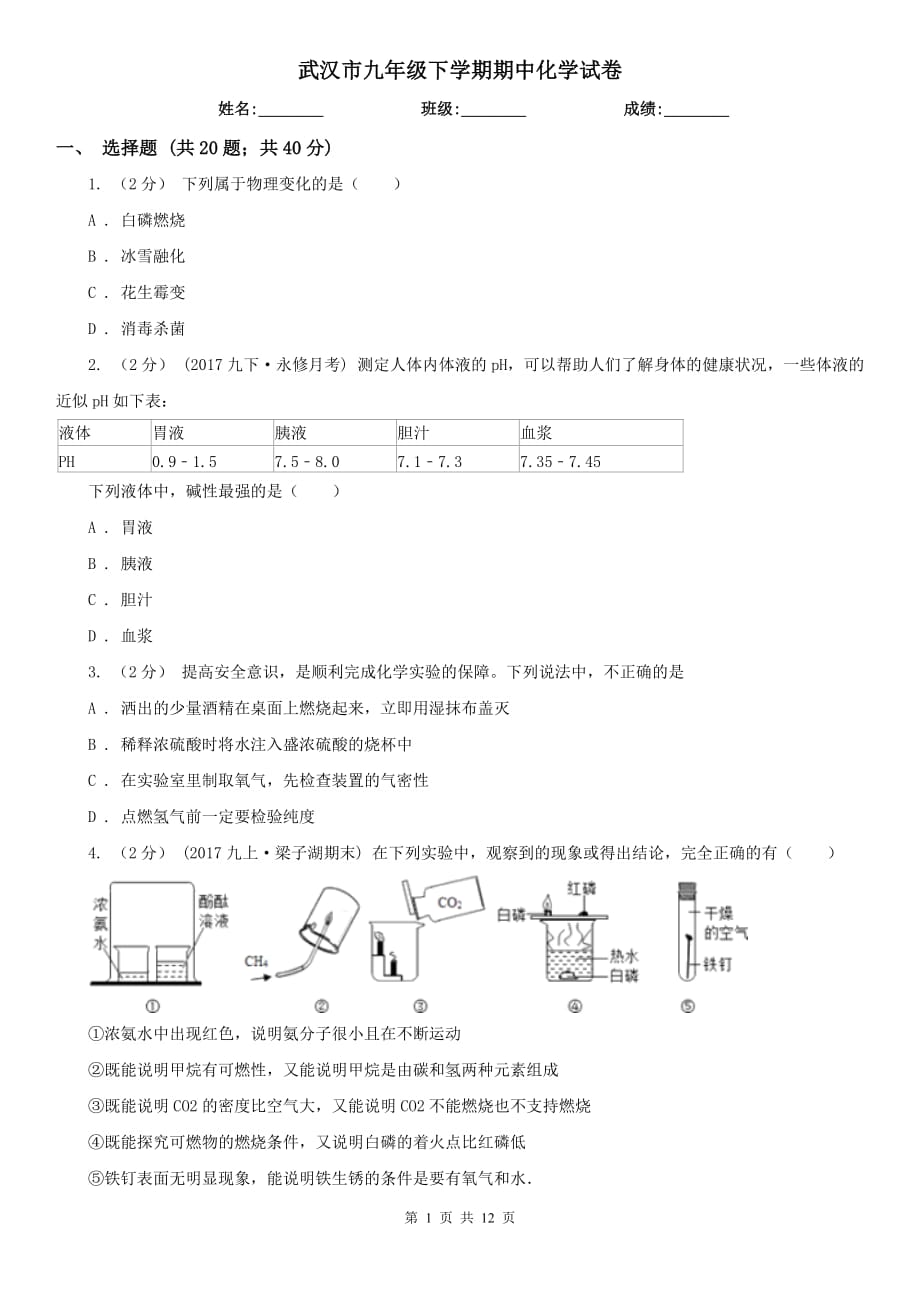 武漢市九年級(jí)下學(xué)期期中化學(xué)試卷_第1頁