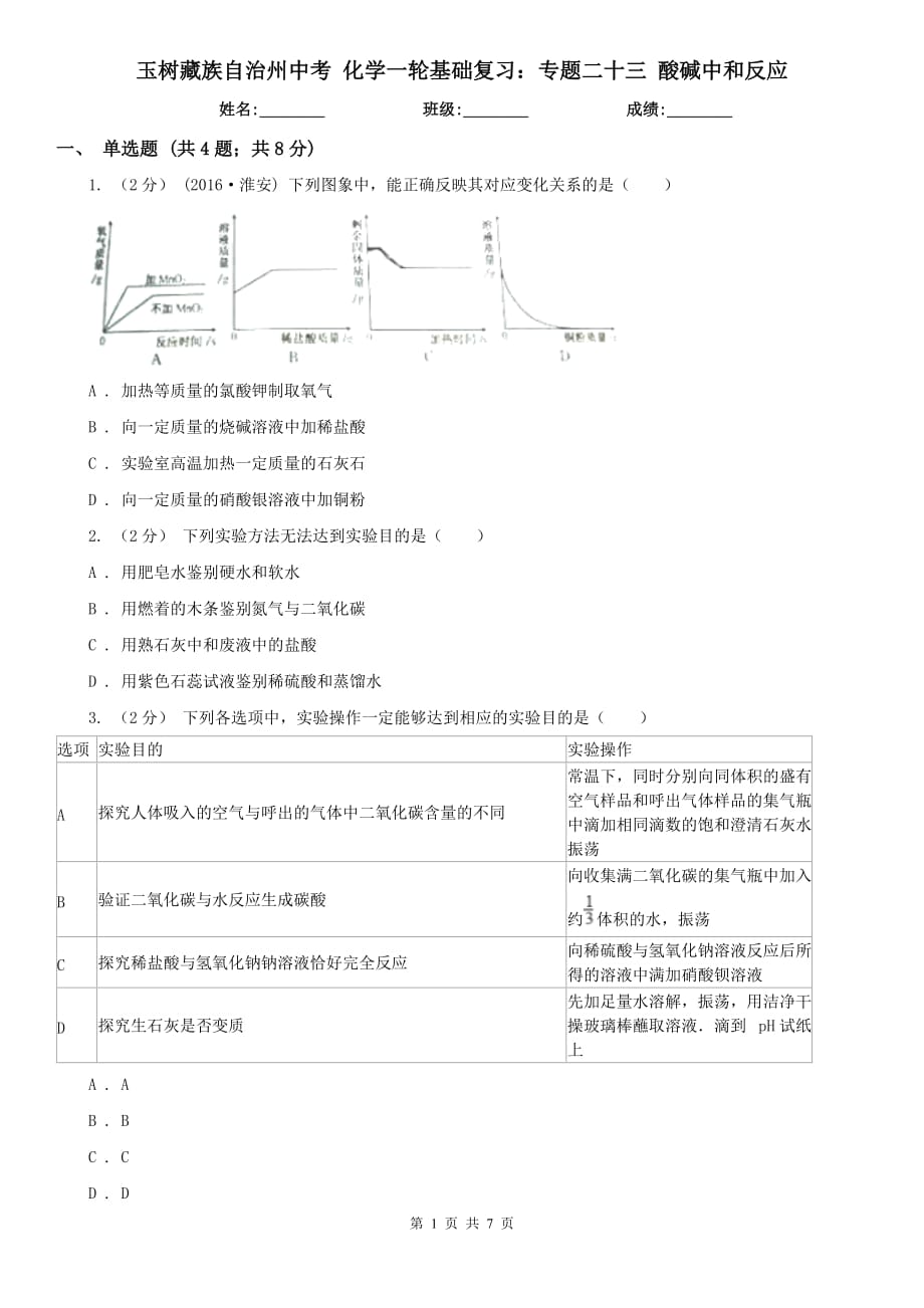 玉樹藏族自治州中考 化學(xué)一輪基礎(chǔ)復(fù)習(xí)：專題二十三 酸堿中和反應(yīng)_第1頁