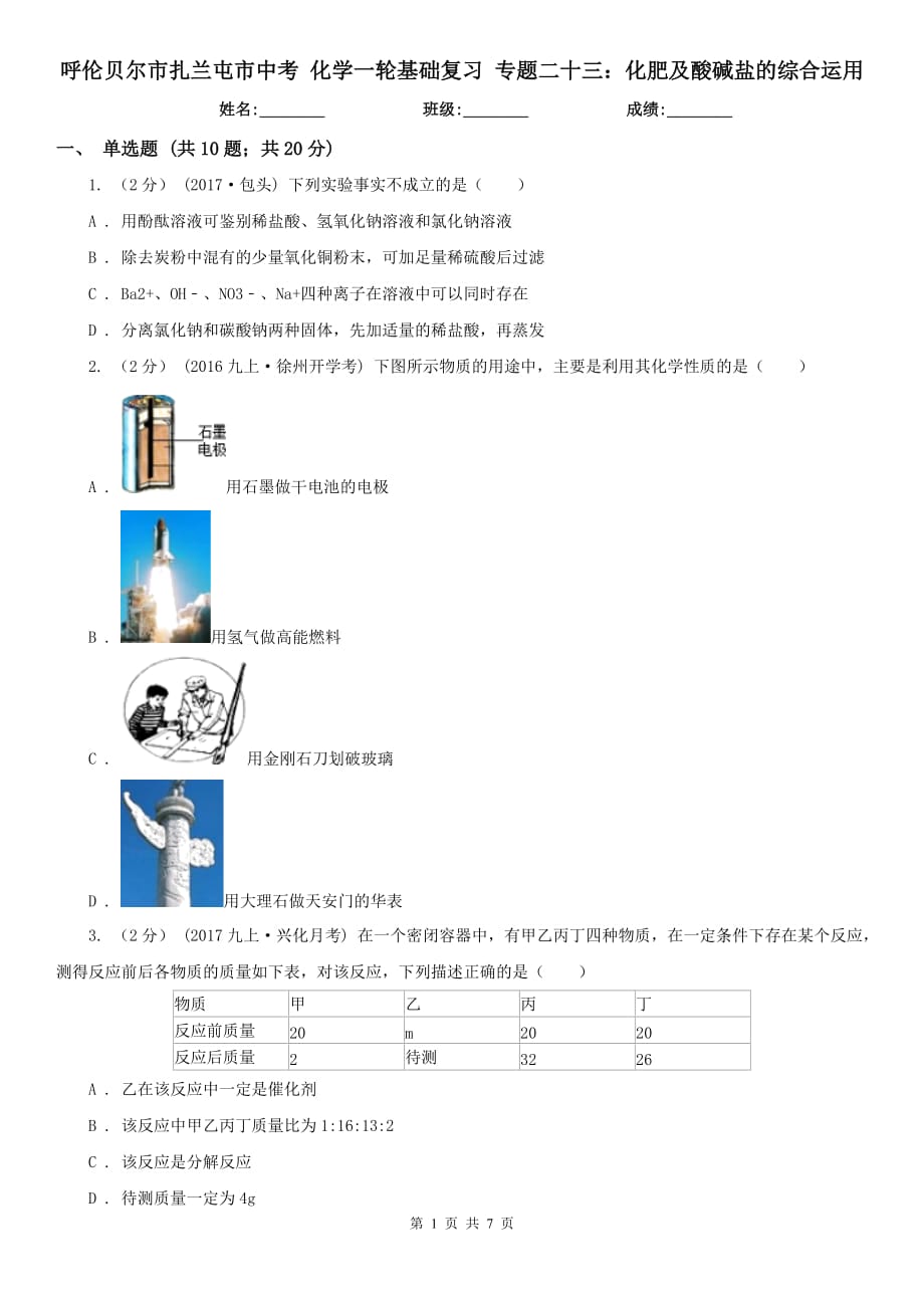 呼倫貝爾市扎蘭屯市中考 化學一輪基礎(chǔ)復(fù)習 專題二十三：化肥及酸堿鹽的綜合運用_第1頁