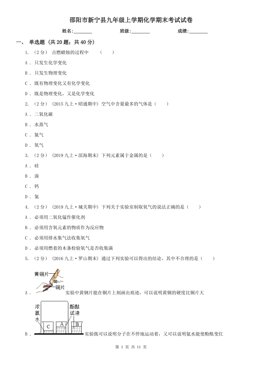 邵阳市新宁县九年级上学期化学期末考试试卷_第1页