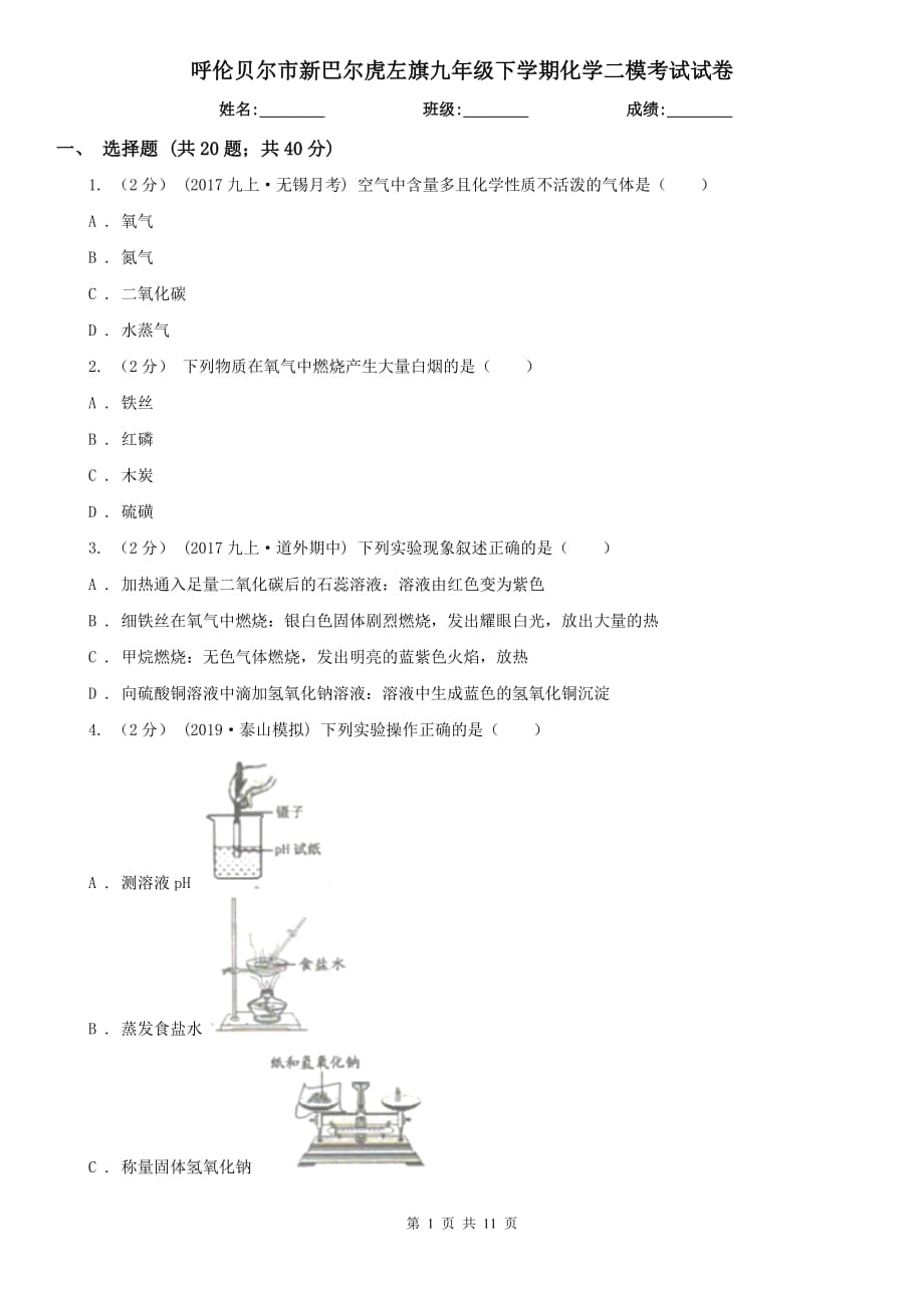 呼倫貝爾市新巴爾虎左旗九年級下學期化學二?？荚囋嚲韄第1頁