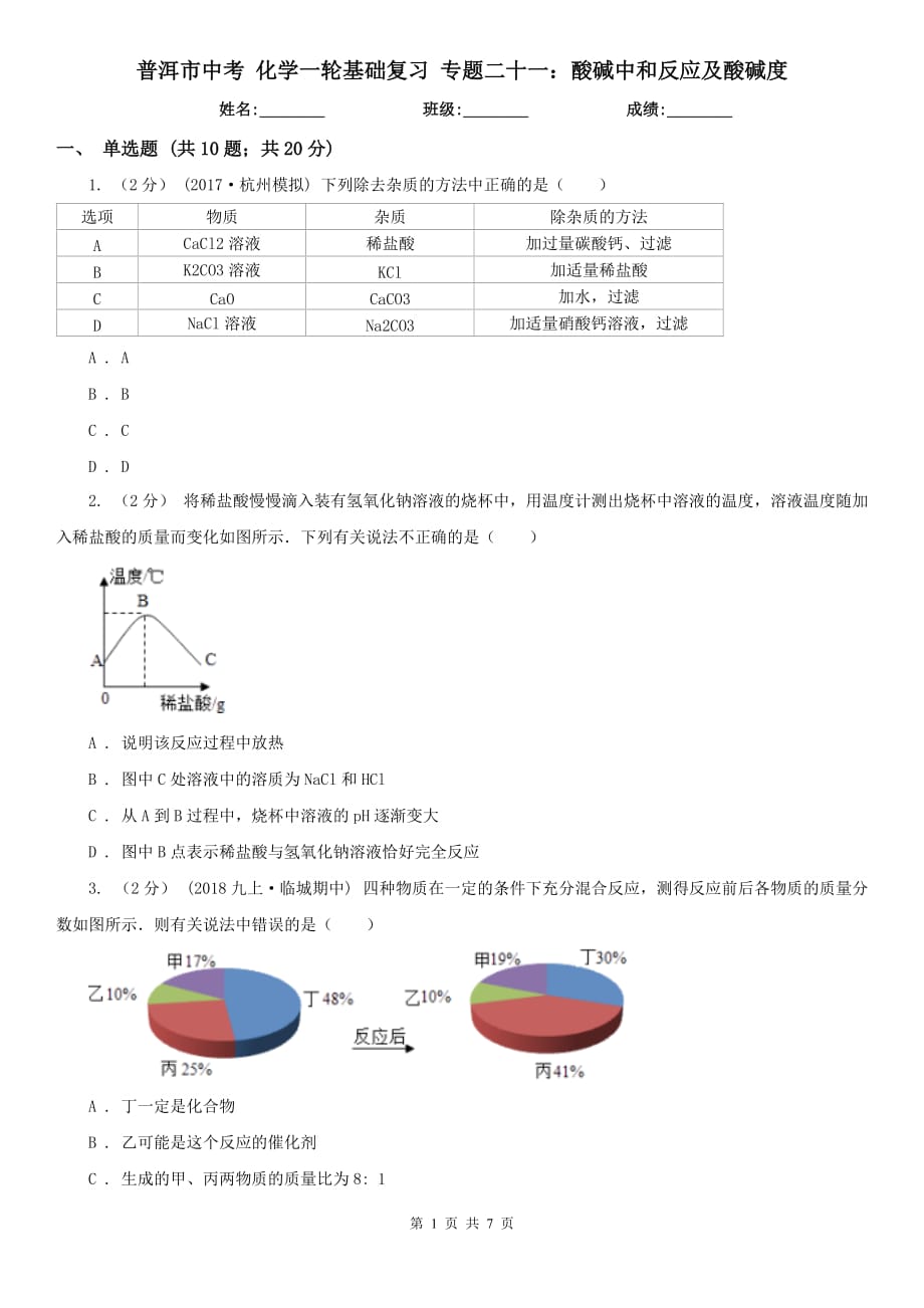 普洱市中考 化学一轮基础复习 专题二十一：酸碱中和反应及酸碱度_第1页