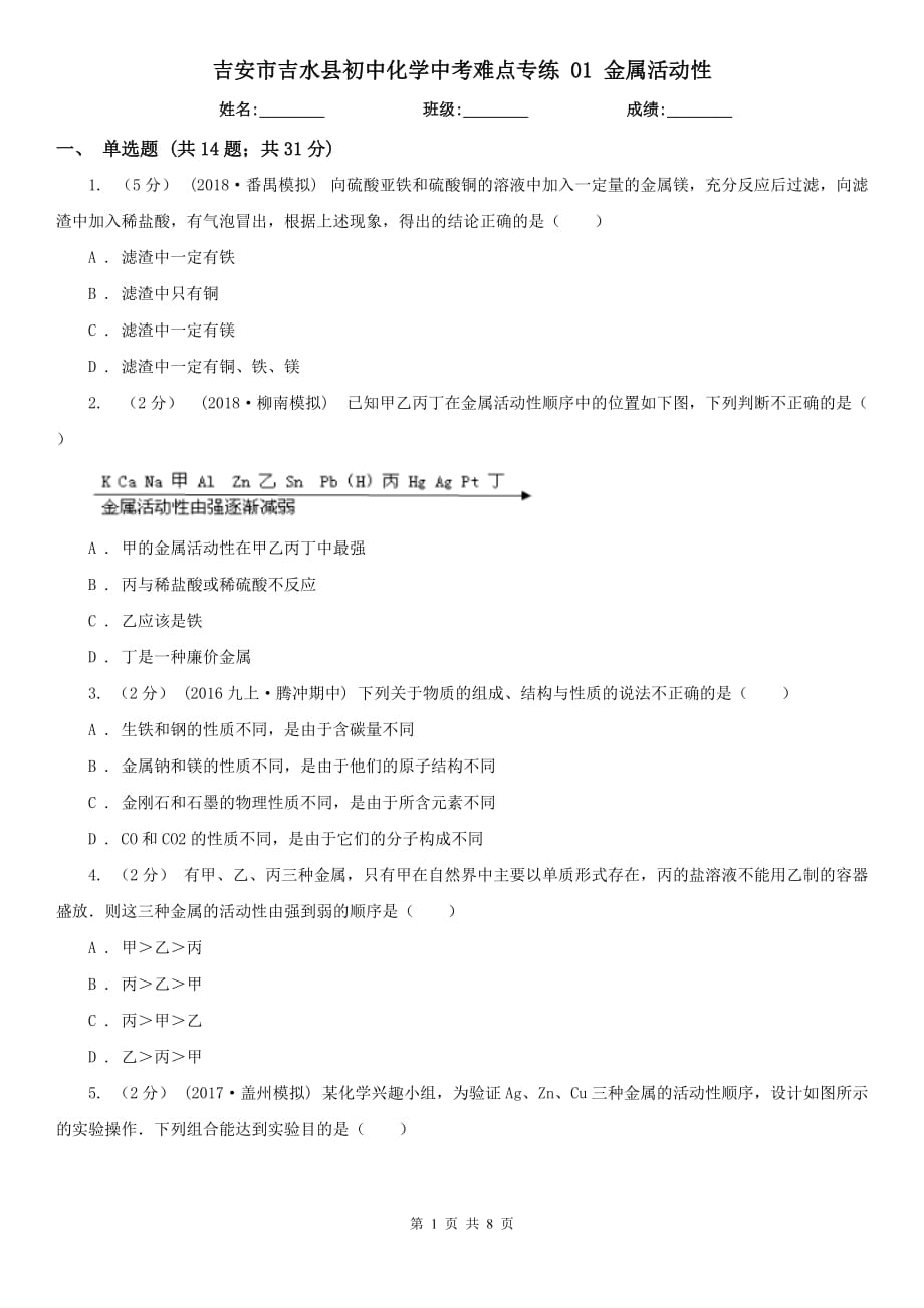 吉安市吉水县初中化学中考难点专练 01 金属活动性_第1页