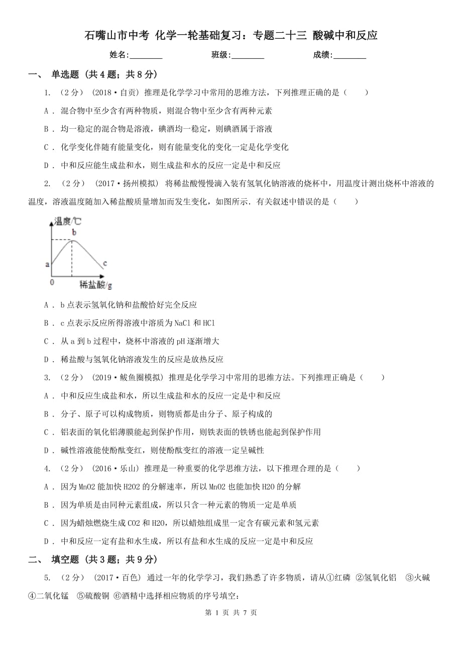 石嘴山市中考 化學一輪基礎復習：專題二十三 酸堿中和反應_第1頁