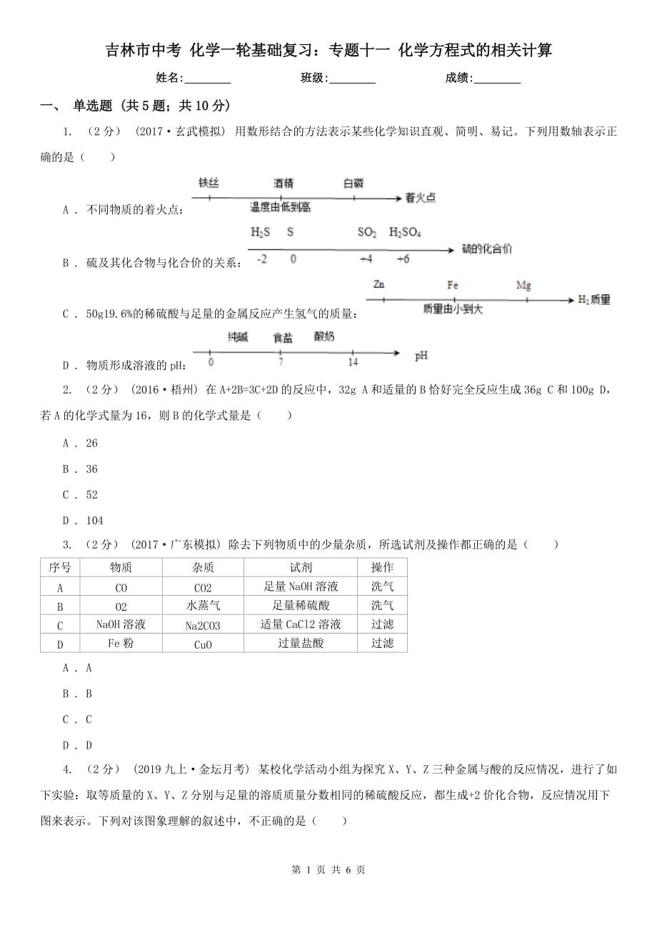 吉林市中考 化學一輪基礎復習：專題十一 化學方程式的相關計算_第1頁