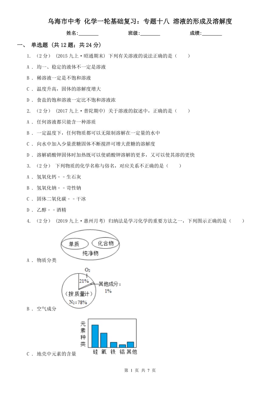 烏海市中考 化學(xué)一輪基礎(chǔ)復(fù)習(xí)：專題十八 溶液的形成及溶解度_第1頁