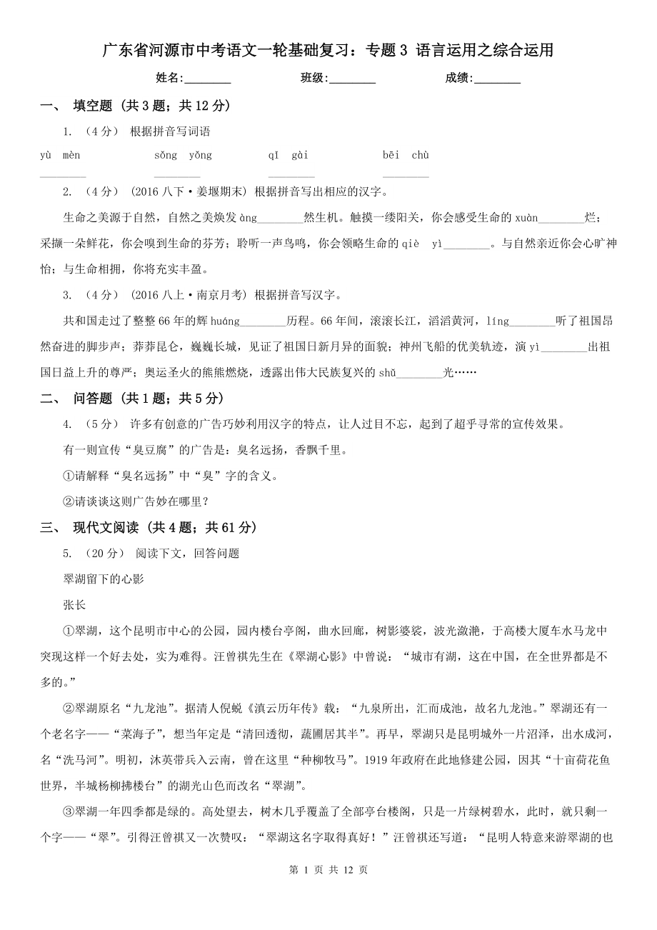 广东省河源市中考语文一轮基础复习：专题3 语言运用之综合运用_第1页