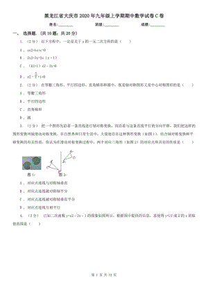 黑龙江省大庆市2020年九年级上学期期中数学试卷C卷