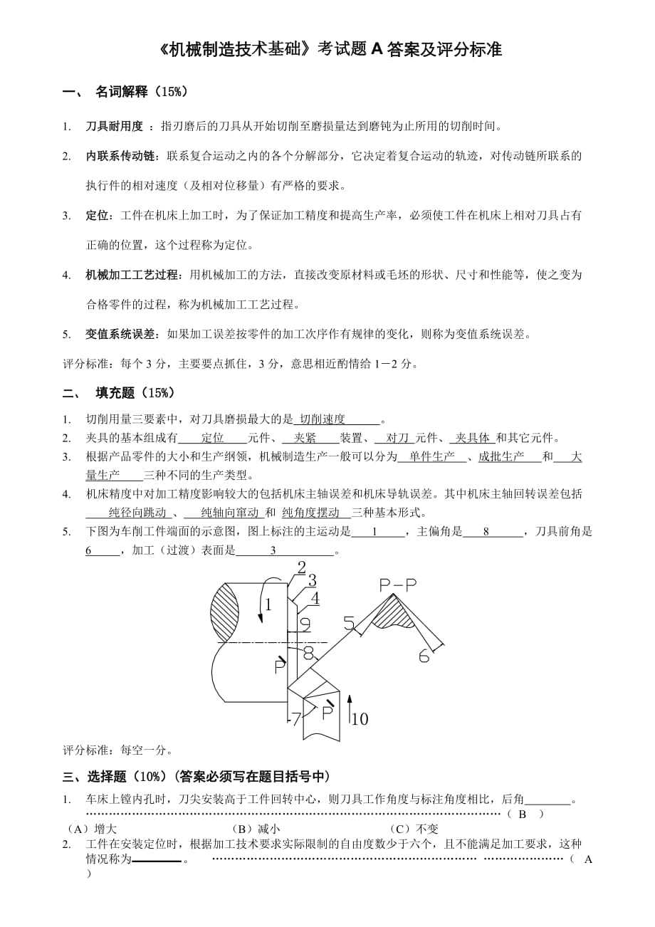 《機(jī)械制造技術(shù)基礎(chǔ)》試卷A答案及評分標(biāo)準(zhǔn)_第1頁