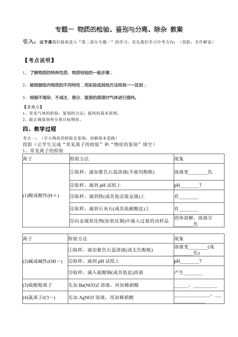 專題一物質(zhì)的檢驗、鑒別與分離、除雜教案_第1頁