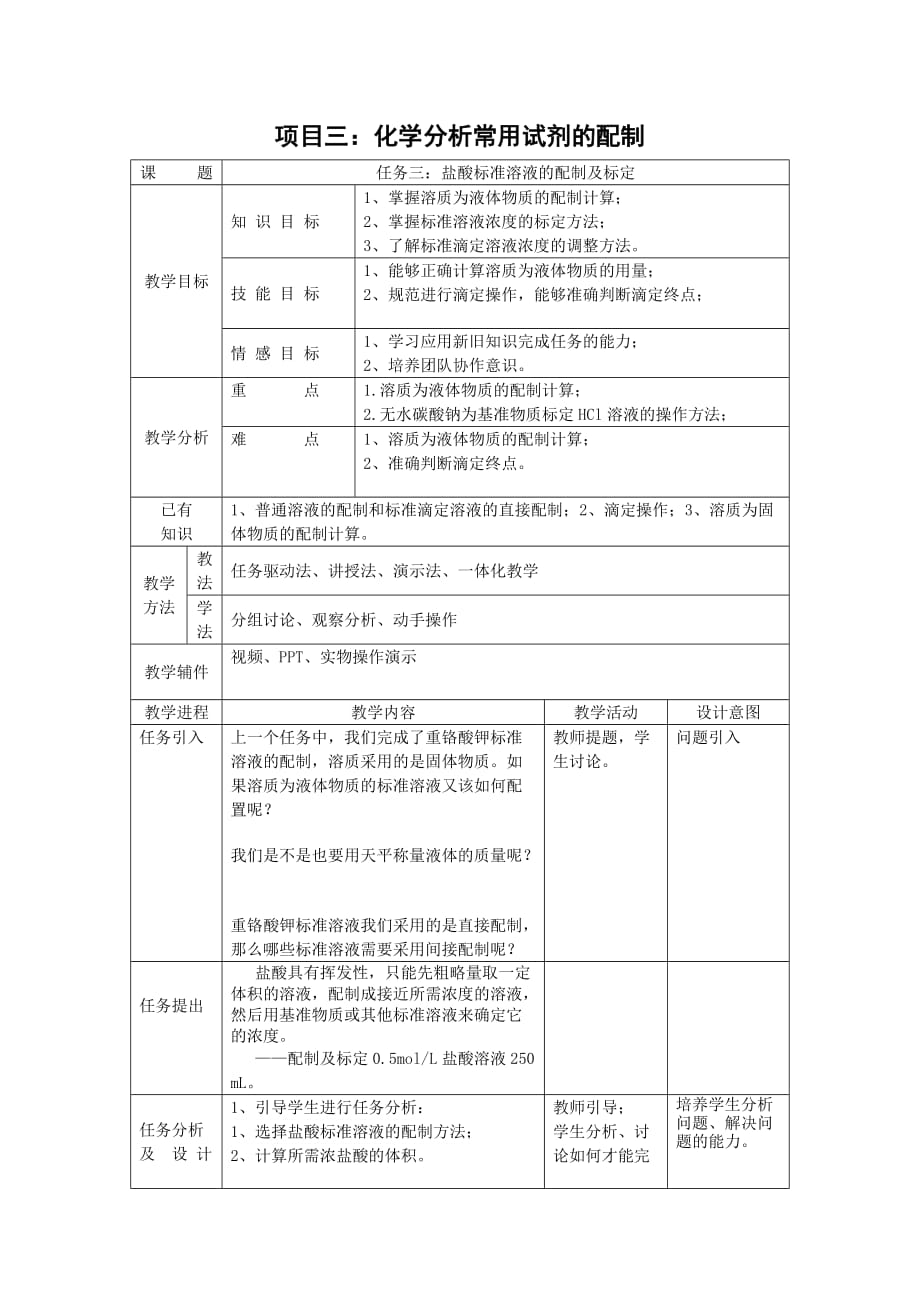 盐酸标准溶液的配制及标定(教案)_第1页