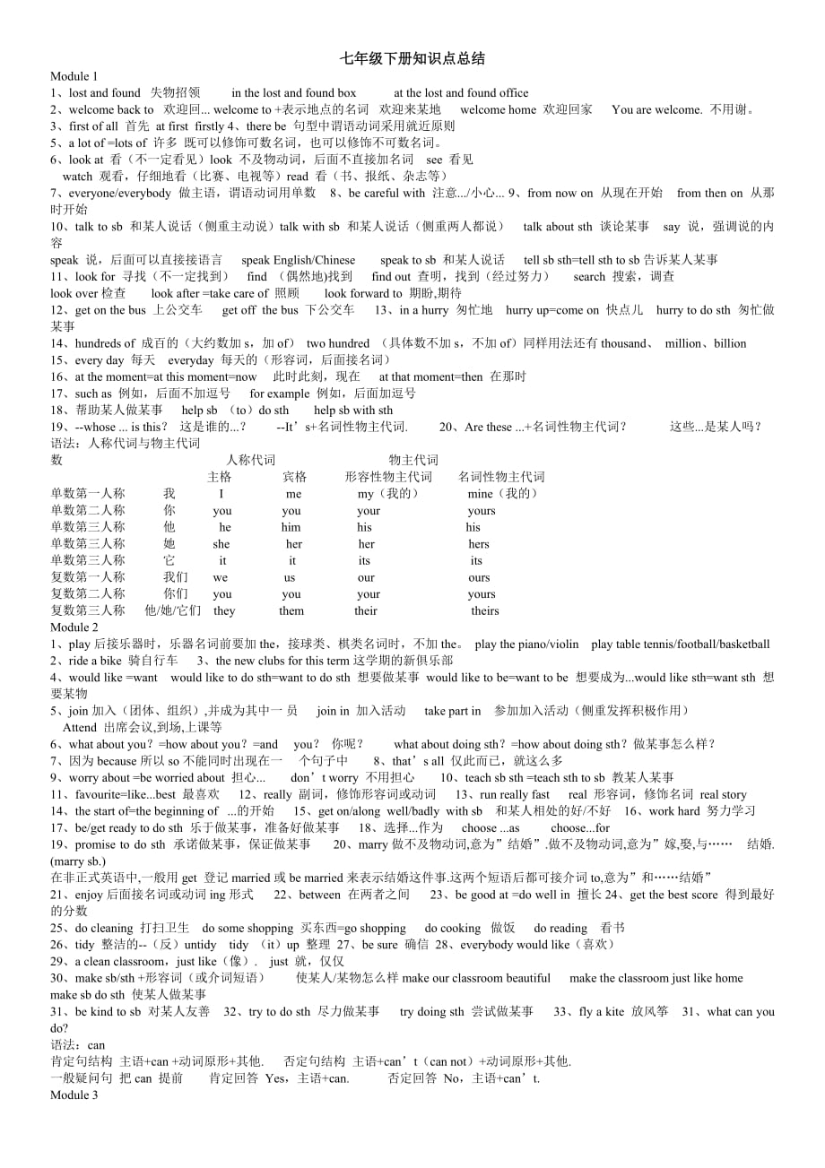 外研社七下英語M1至M6知識點總結_第1頁