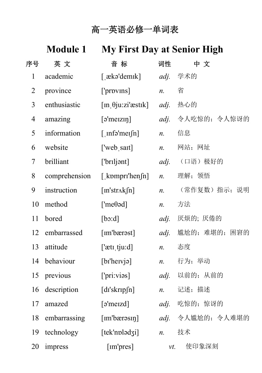 外研社高一英語必修1單詞表_第1頁