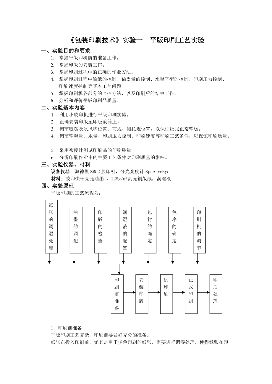 包裝印刷技術(shù)課程實驗一平版印刷工藝實驗指導(dǎo)書_第1頁