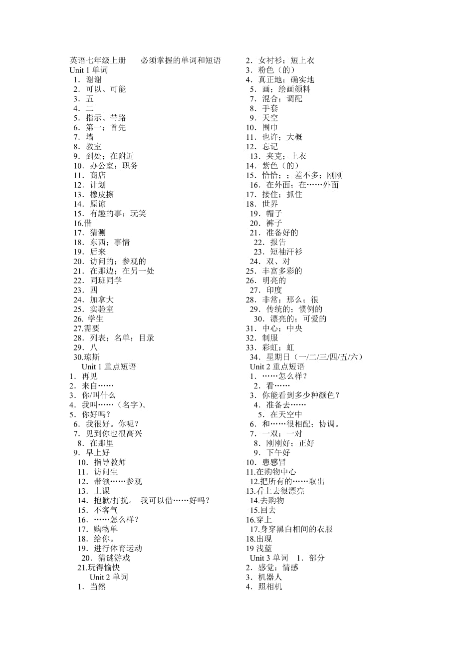 英語新冀教版七年級上冊單詞和短語_第1頁