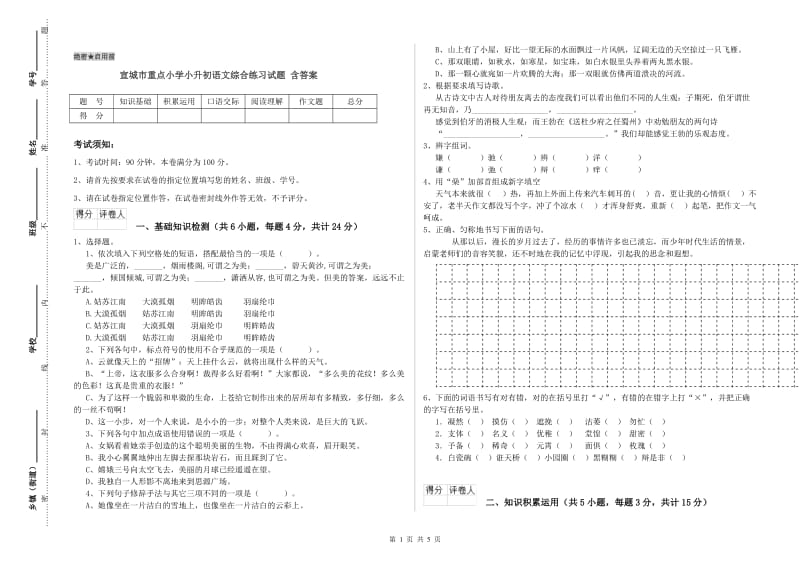 宣城市重点小学小升初语文综合练习试题 含答案.doc_第1页