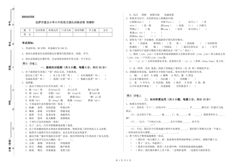 拉萨市重点小学小升初语文强化训练试卷 附解析.doc_第1页