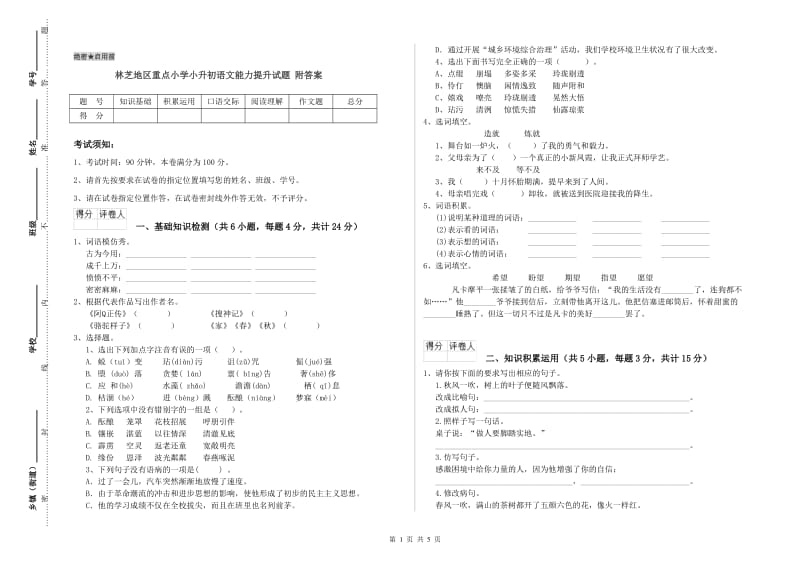 林芝地区重点小学小升初语文能力提升试题 附答案.doc_第1页