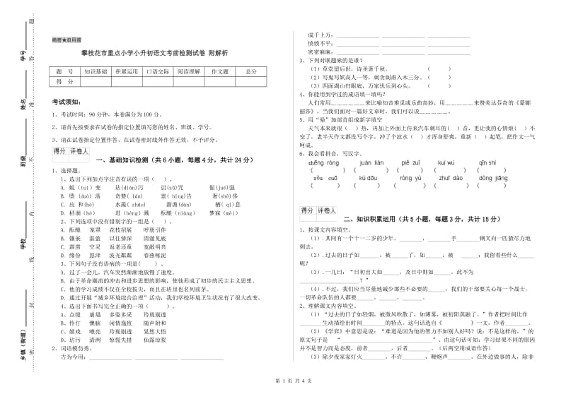 攀枝花市重点小学小升初语文考前检测试卷 附解析.doc_第1页