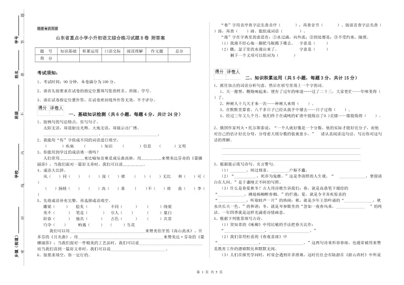 山东省重点小学小升初语文综合练习试题B卷 附答案.doc_第1页