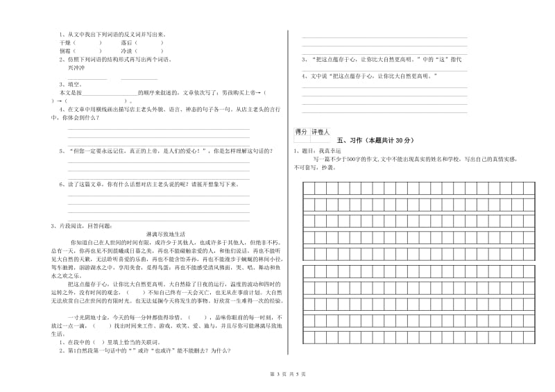 日喀则市实验小学六年级语文【下册】月考试题 含答案.doc_第3页