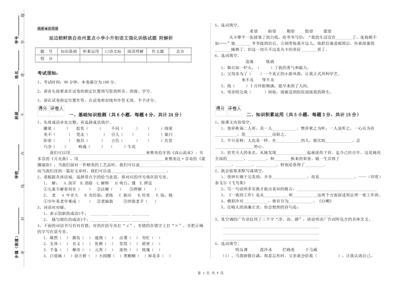 延边朝鲜族自治州重点小学小升初语文强化训练试题 附解析.doc_第1页