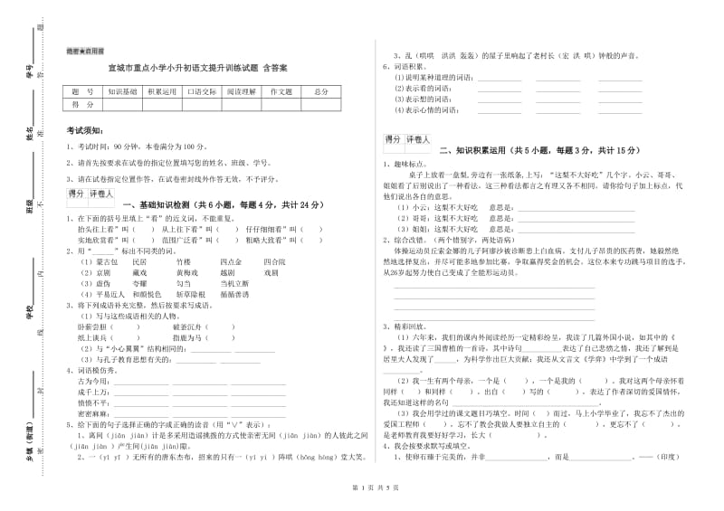 宣城市重点小学小升初语文提升训练试题 含答案.doc_第1页